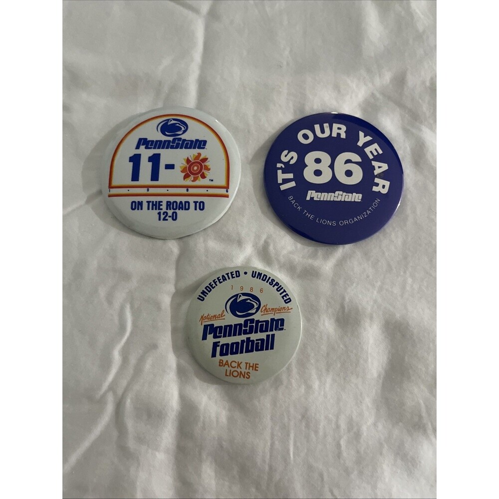 VTG 1986 Penn State Football 11-0 Undefeated National Champions 3 Button Pin Lot